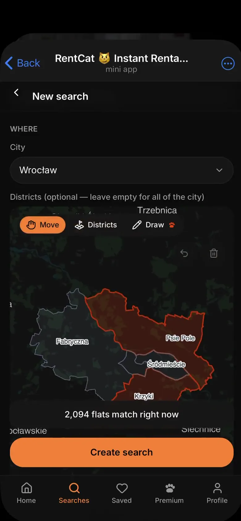 RentCat app: choosing districts for a search on the map